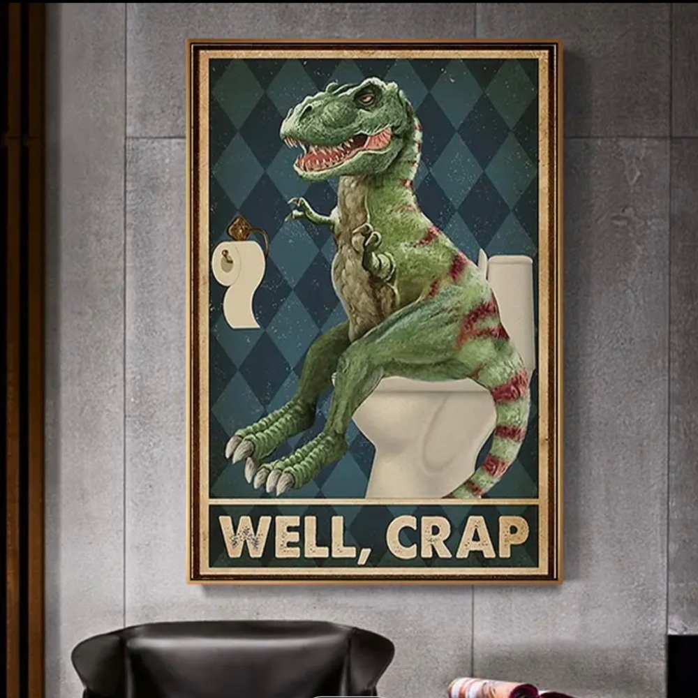 Funny Bathroom Pooping Dinosaur Canvas Wall Art